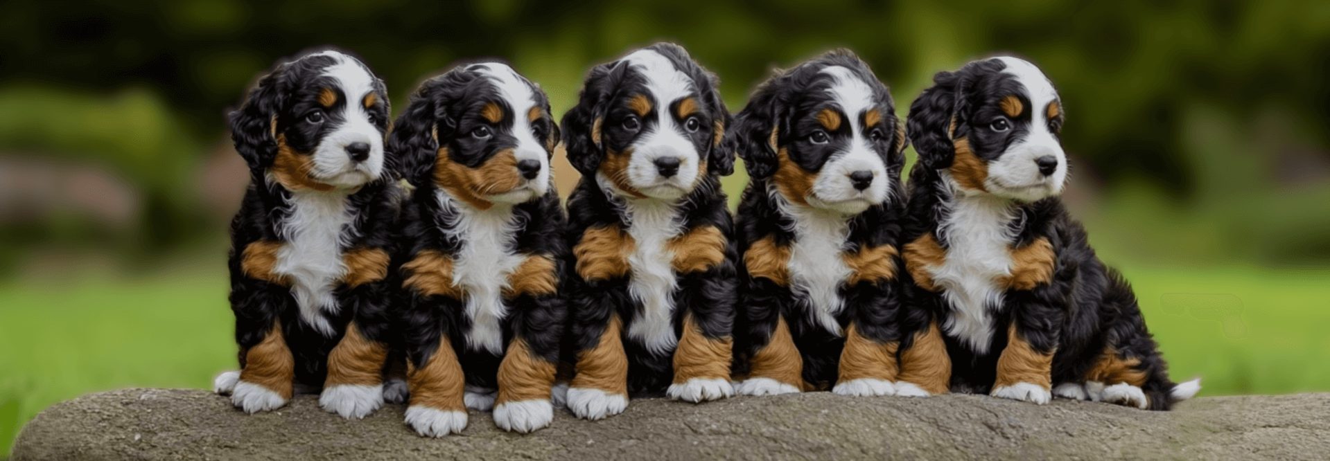 Litter of Bernedoodle puppies sitting on a rock