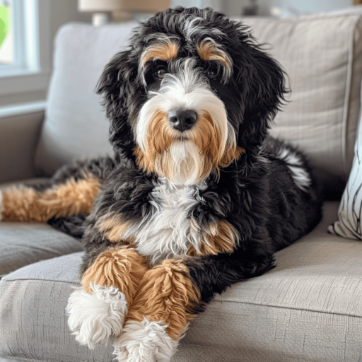 Bernedoodle dog laying on a sofa