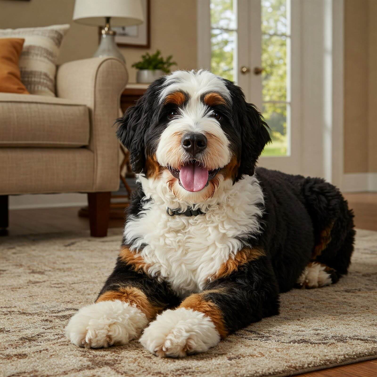 F1B Bernedoodle lying on a carpet