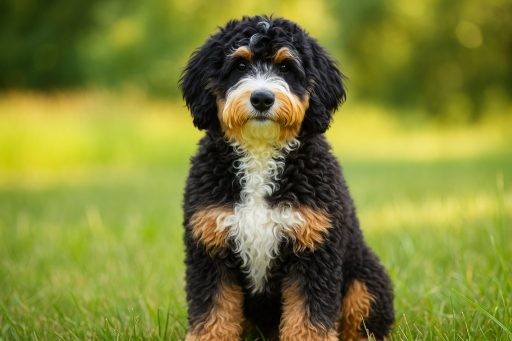 Furnished bernedoodle a furnished bernedoodle sitting on grass