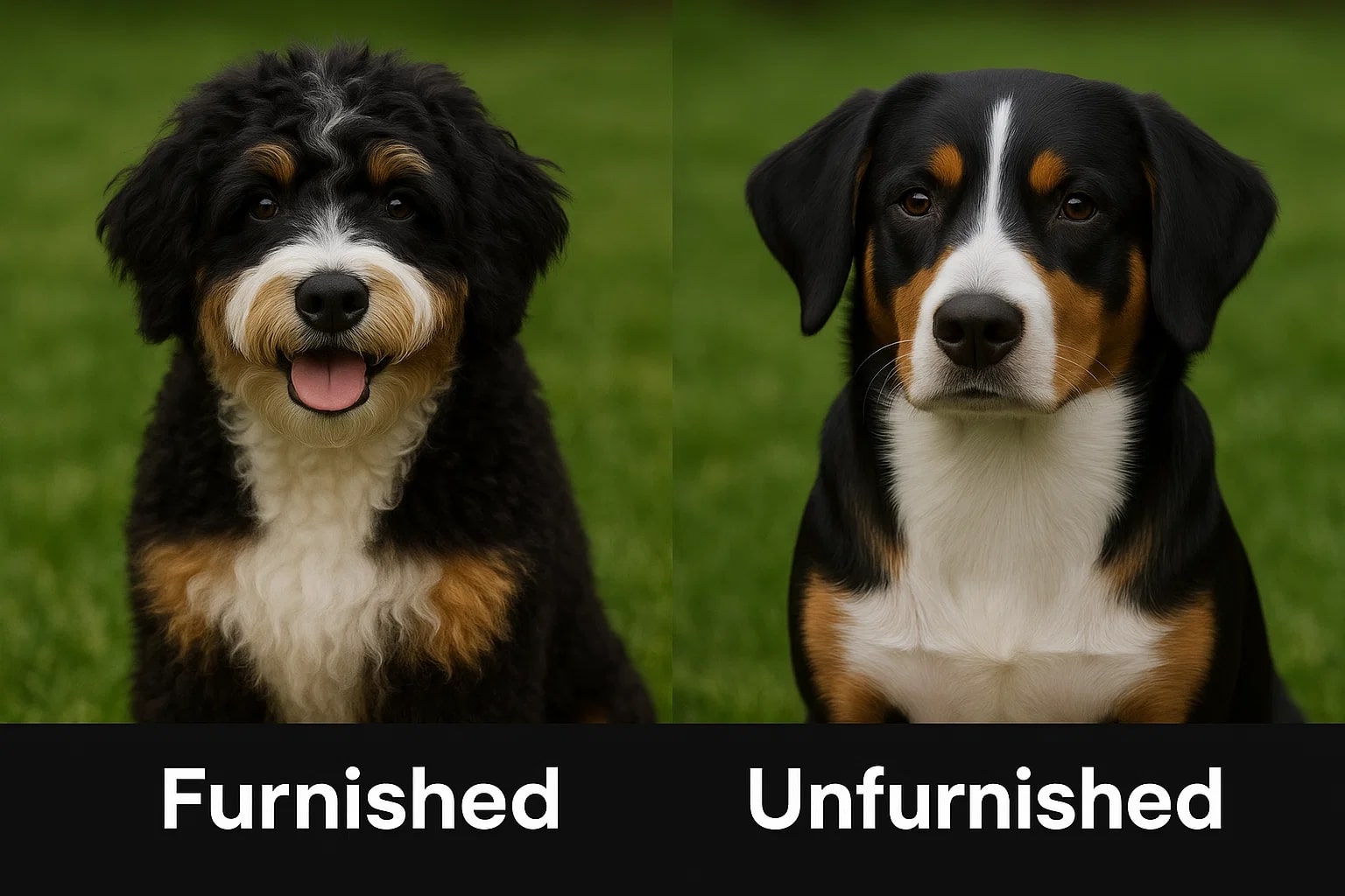 a comparison picture between a furnished and unfurnished tri-color bernedoodles