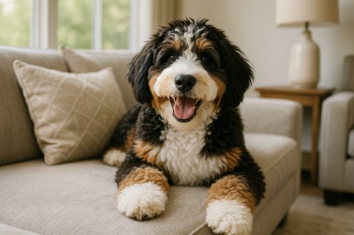 Happy bernedoodle happy Bernedoodle relaxing in a cozy home setting, showcasing its friendly temperament and fluffy coat.