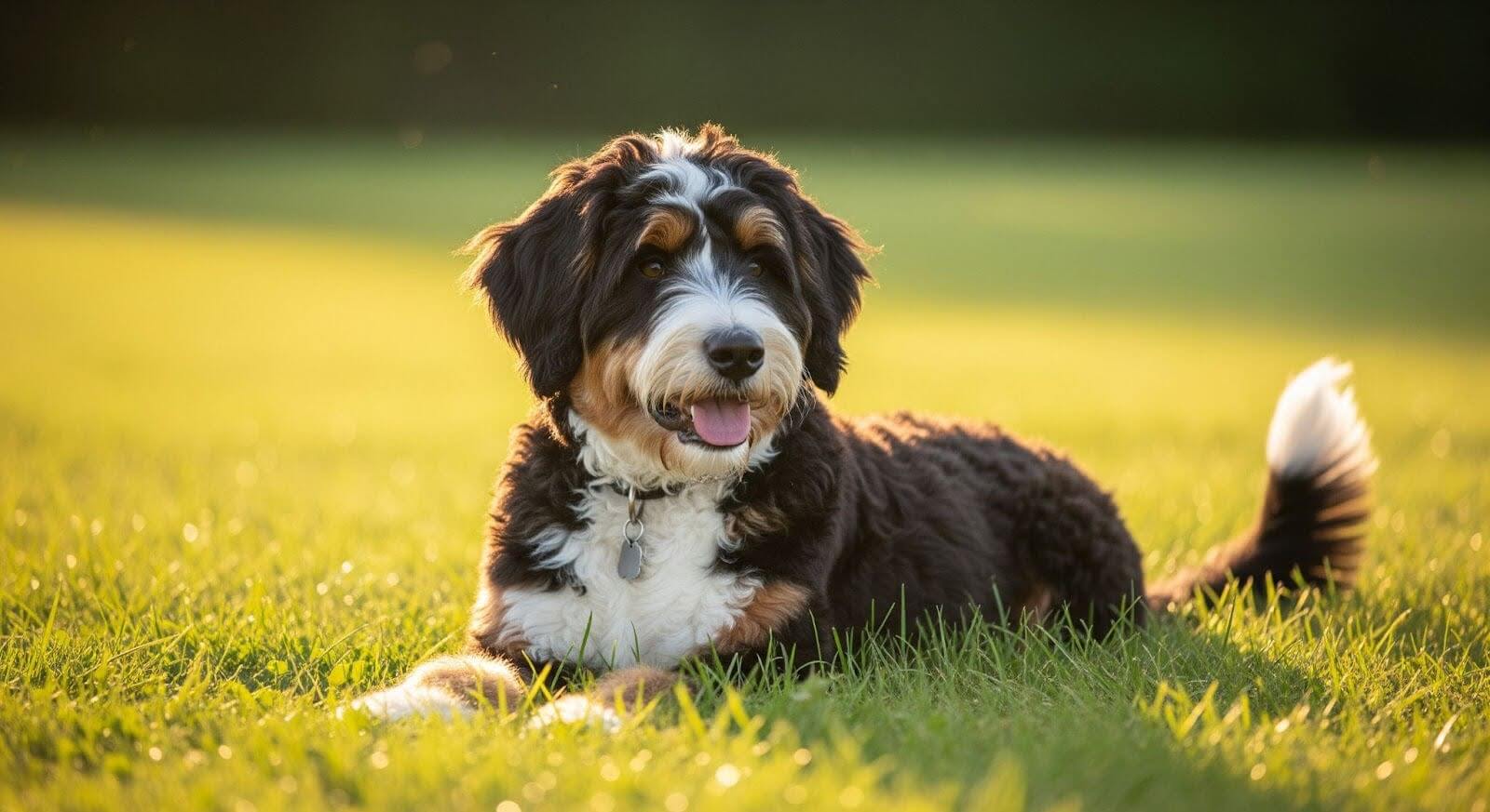 F1B Bernedoodle lying on green grass in the warm afternoon sun, looking to the side with its tongue out and tail relaxed. The soft lighting highlights its fluffy coat and calm expression.
