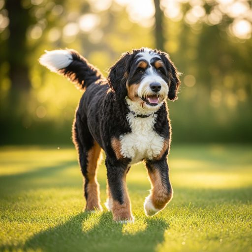 Tri-color F1B Bernedoodle A tri-color F1B Bernedoodle with slightly curly black, white, and tan fur, walking on green grass. Its tail is up, and it appears to be happy and active.