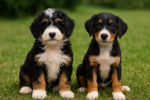 Two cute bernedoodle puppies side-by-side of two Bernedoodle puppies; the furnished pup has a fluffy face with curly hair, while the unfurnished pup has a smooth face with short, straight muzzle hair.