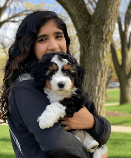 woman-holding-a-bernedoodle-puppy woman holding a bernedoodle puppy 2
